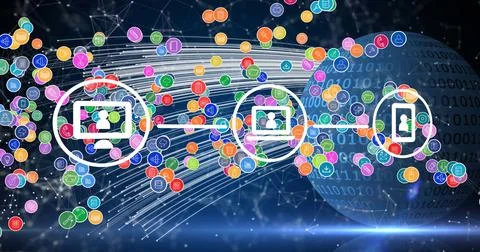 Image of network of connections with digital icons over globe with binary coding 스톡 일러스트