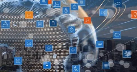 Image of network of connections with digital icons over globe Stock Photos