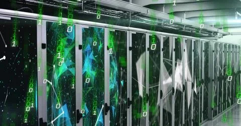 Image of network of connections with falling binary coding over server room Stock Photos