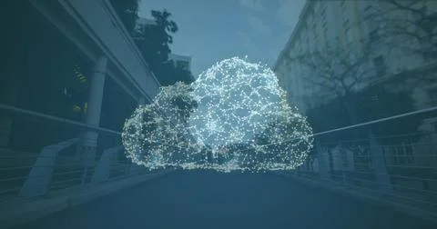 Image of network of connections forming cloud and security padlock icon against 写真素材