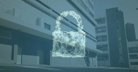 Image of network of connections forming cloud and security padlock icon against 写真素材