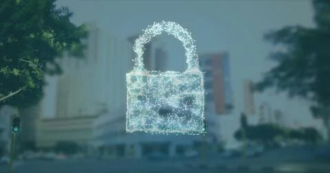 Image of network of connections forming cloud and security padlock icon against Foto stock