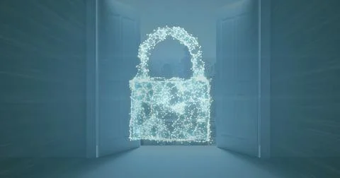 Image of network of connections forming cloud and security padlock icon against 스톡 사진