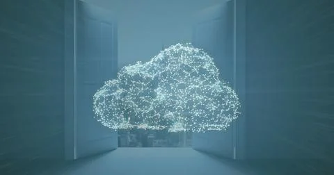 Image of network of connections forming cloud and security padlock icon against 写真素材