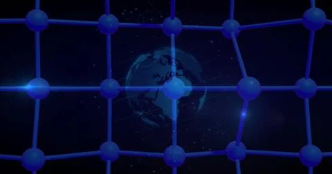 Image of network of connections with globe on black background イラスト素材
