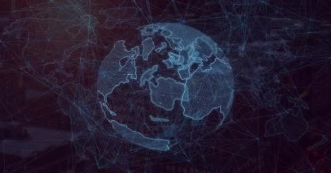 Image of network of connections with globe over world map Illustrazione stock