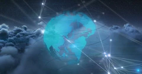 Image of network of connections with globe over sky with clouds Stock Photos
