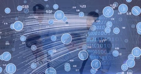 Image of network of connections with globe over business people Foto stock