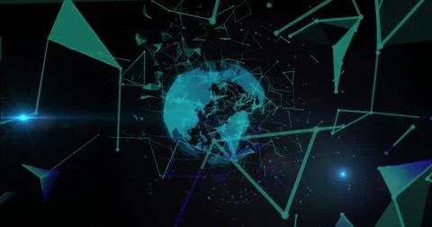 Image of network of connections with globe over light trails on black background 스톡 사진