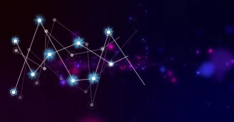 Image of network of connections with glowing spots on black background Stock Photos