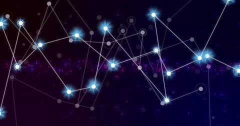 Image of network of connections with glowing spots on black background Stock Photos