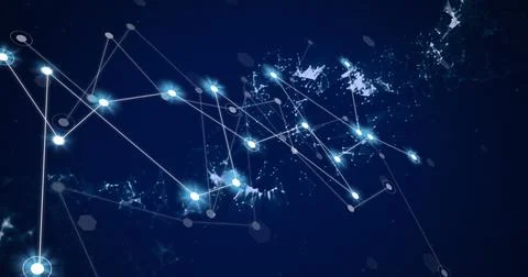 Image of network of connections with glowing spots on black background 스톡 사진
