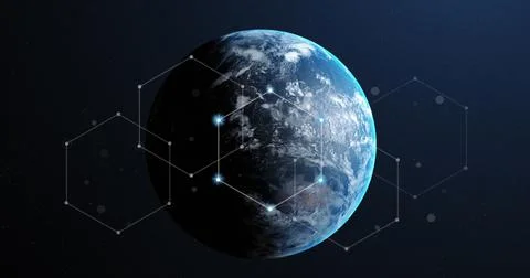 Image of network of connections with glowing spots over globe on black backgr Stock Photos
