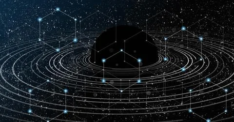 Image of network of connections with hexagons and data Stock Photos