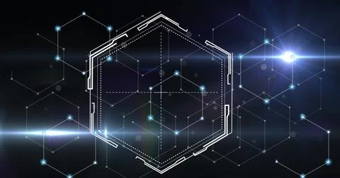 Image of network of connections with hexagons and lights Stock Photos