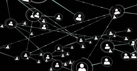 Image of network of connections with icons on black background Stock Illustration