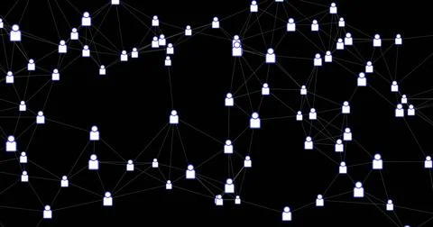 Image of network of connections with icons on black background Stock Illustration