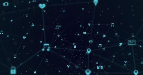 Image of network of connections with icons floating over black background Stock Illustration