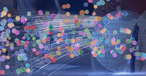Image of network of connections with icons, globe and binary coding over イラスト素材