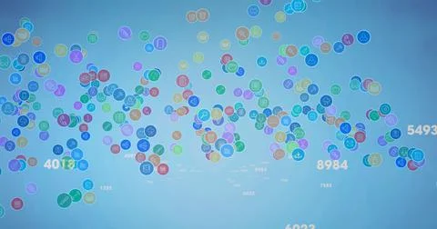 Image of network of connections with icons over data processing on blue 스톡 일러스트