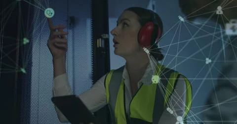 Image of network of connections with icons over caucasian female server room Stock Illustration