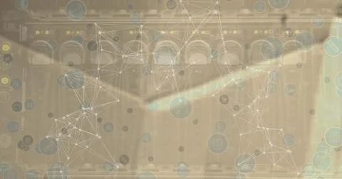 Image of network of connections with icons over server room Illustrazione stock