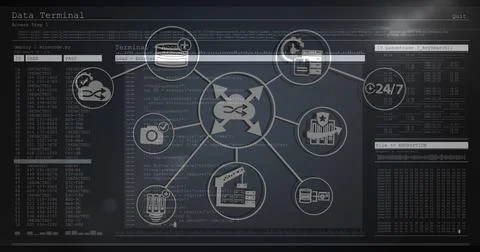 Image of network of connections with icons over data processing on black 库存插图