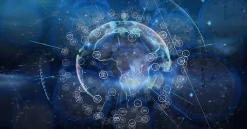 Image of network of connections with icons over globe Illustrazione stock