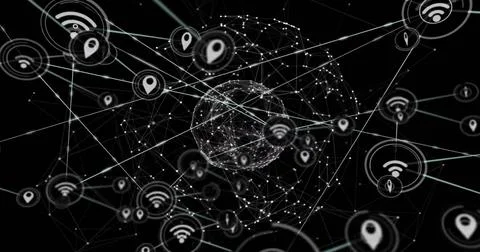Image of network of connections with icons over globe Stock Illustration