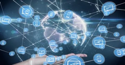 Image of network of connections with icons over globe Stockillustratie