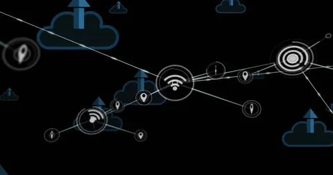 Image of network of connections with icons over clouds and arrows イラスト素材