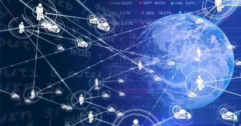 Image of network of connections with icons over globe Illustrazione stock