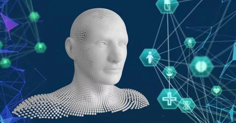 Image of network of connections with icons over human bust Illustrazione stock