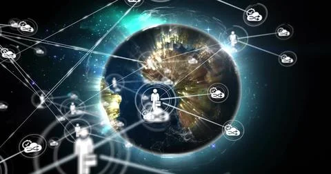Image of network of connections with icons over globe Stock Illustration