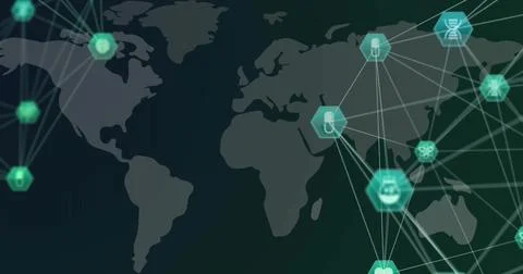 Image of network of connections with icons over world map Illustrazione stock