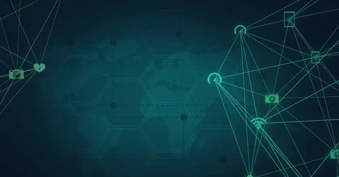Image of network of connections with icons over world map Ilustração Stock