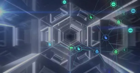 Image of network of connections with icons over digital tunnel on black 스톡 일러스트