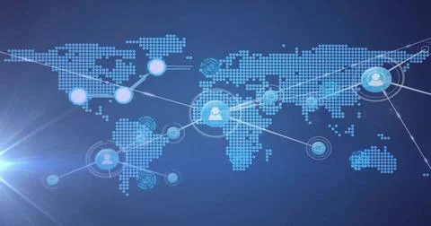 Image of network of connections with icons over world map Stock Illustration