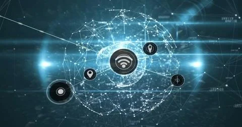Image of network of connections with icons over globe 스톡 일러스트