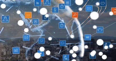 Image of network of connections with icons over globe Illustrazione stock