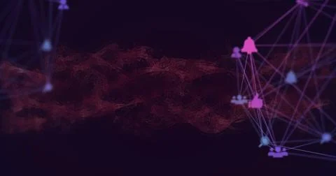 Image of network of connections with icons over shapes on black background Stock Illustration
