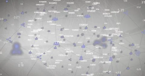 Image of network of connections with icons over data processing Stockillustratie