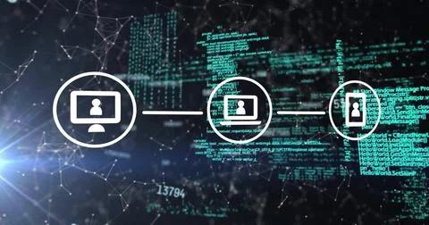 Image of network of connections with icons over data processing Illustrazione stock