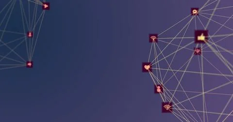 Image of network of connections with icons over violet background 스톡 일러스트