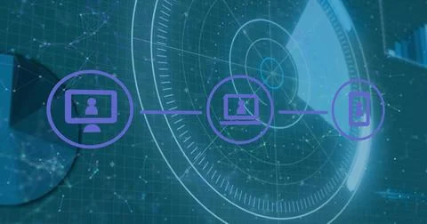 Image of network of connections with icons over scope scanning on blue Stock Illustration