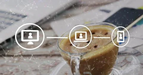 Image of network of connections with icons over cup of coffee Stock Illustration