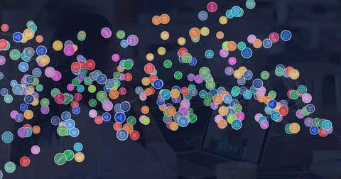 Image of network of connections with icons over businesswoman in office Stock Illustration