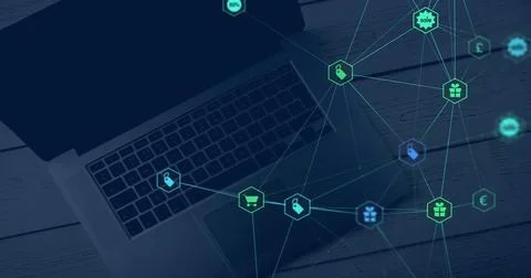 Image of network of connections with icons over laptop Stock Illustration