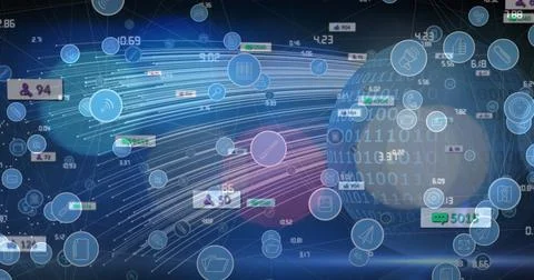 Image of network of connections with icons over data processing 스톡 일러스트