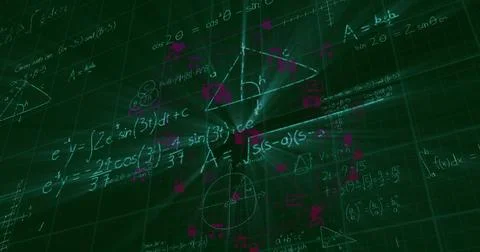 Image of network of connections with icons over mathematical equations on black Foto stock